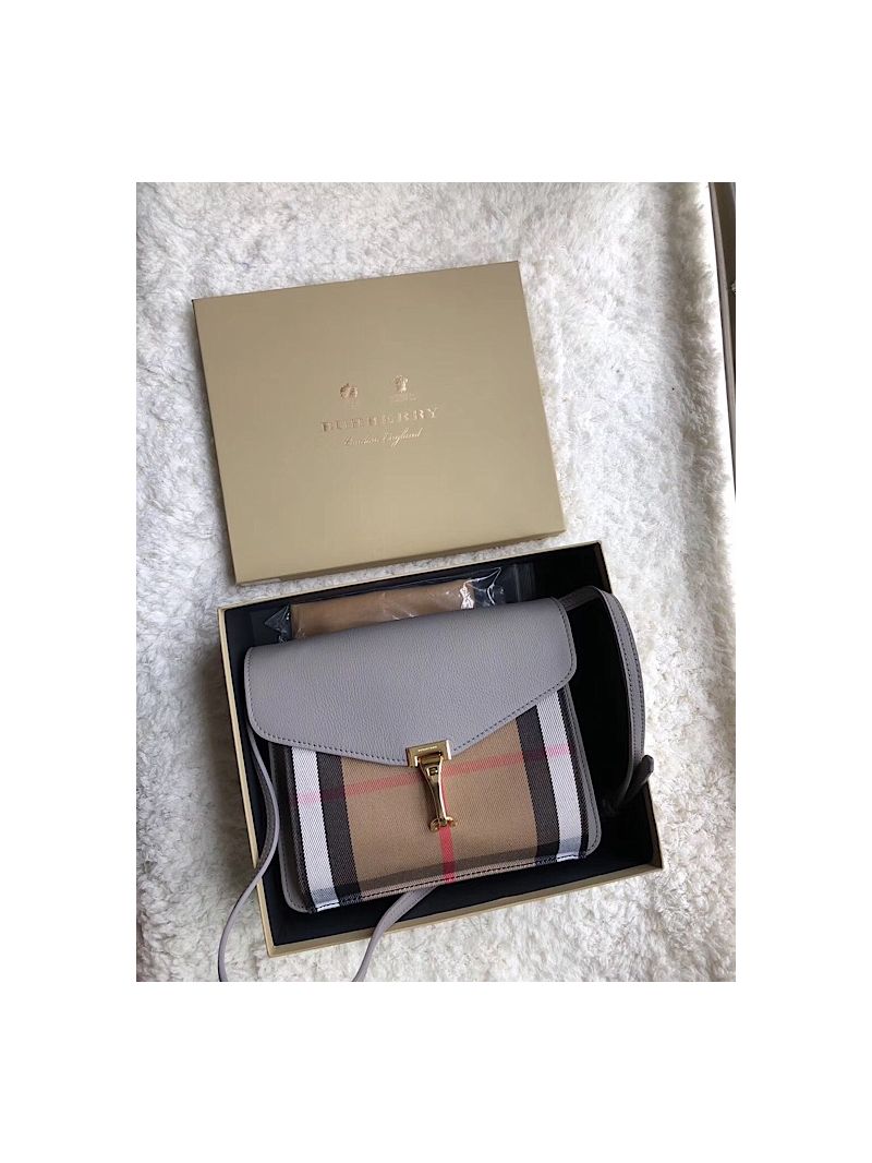 Burberry Small Leather and House Check Crossbody Bag Grey