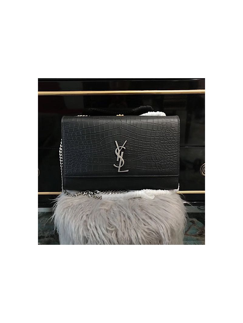 YSL Saint Laurent Large Kate Chain Bag In Black Crocodile Embossed Leather