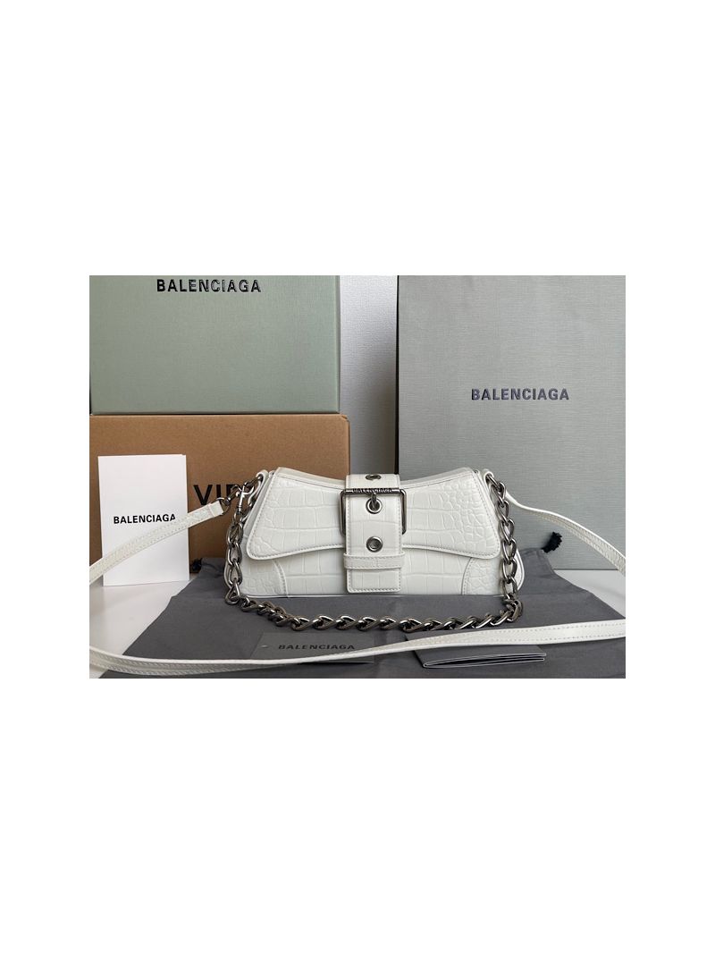Balenciaga Lindsay Small Shoulder Bag With Strap in Crocodile Embossed 7011412 Off White