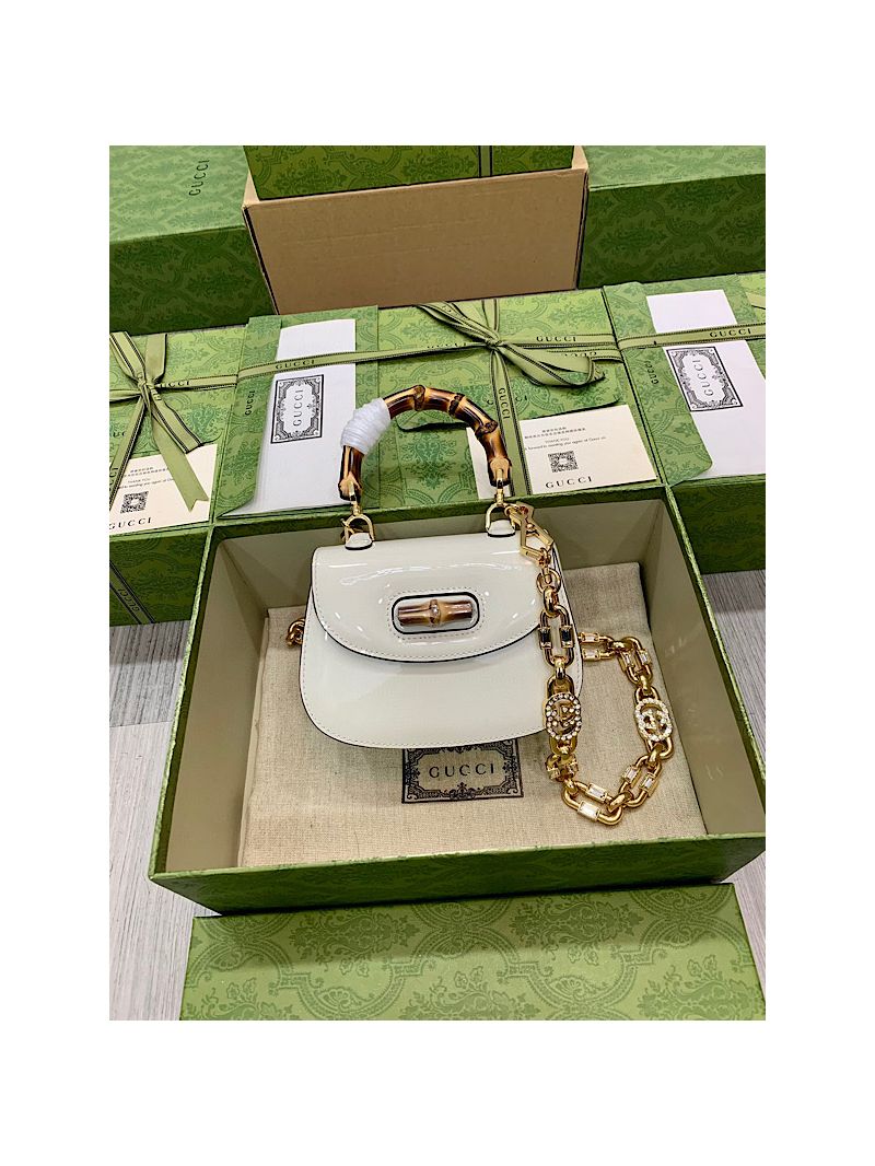 Gucci Bamboo 1947 mini top handle bag Patent leather and crystals charm 724641 White