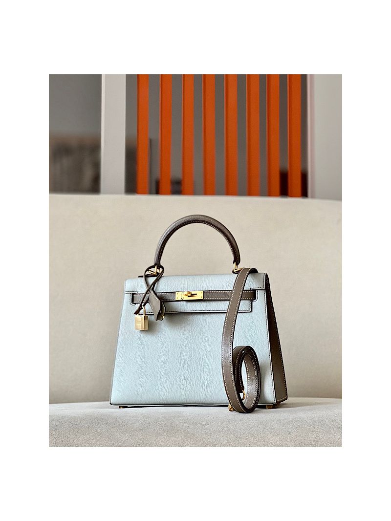 Hermes Kelly Chevre Mysore Leather Bi-Color 80 Pearl Grey w Etude