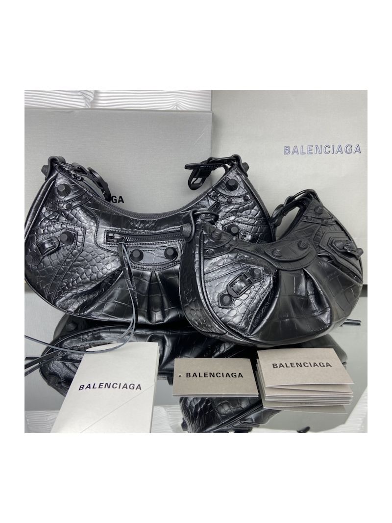 Balenciaga Le Cagole XS S Shoulder Bag in All Black Supple Crocodile Embossed Calfskin 6713071