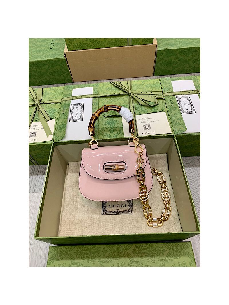 Gucci Bamboo 1947 mini top handle bag Patent leather and crystals charm 724641 Pink