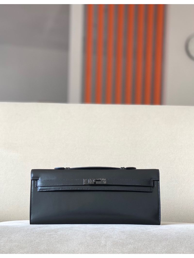 Hermes Box Leather Kelly Cut Clutch Pochette All Black