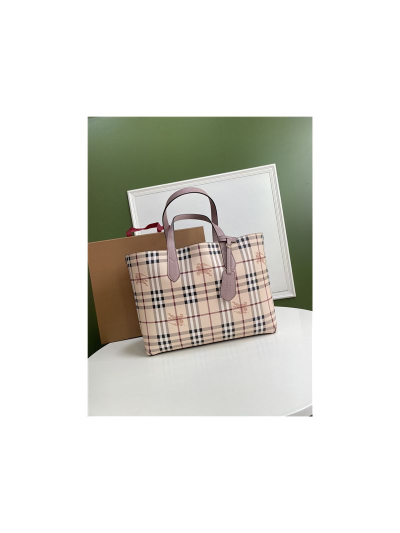 Burberry The Small Reversible Tote in Haymarket Check and Leather blush