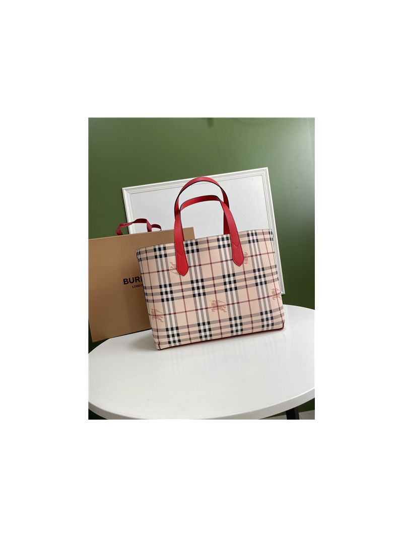 Burberry The Small Reversible Tote in Haymarket Check and Leather Light Red