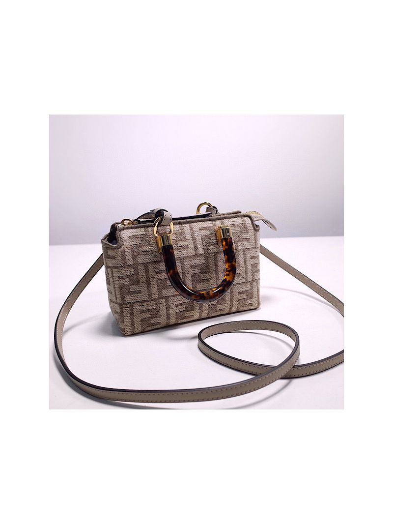 Fendi By The Way Mini Small Boston bag in dove grey tapestry fabric 8BS067