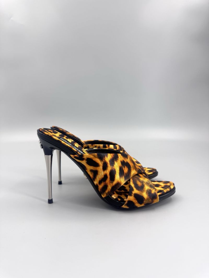 DOLCE & GABBANA LEOPARD-PRINT SATIN MULES 85-MM METAL HEEL CR1738A GOLD