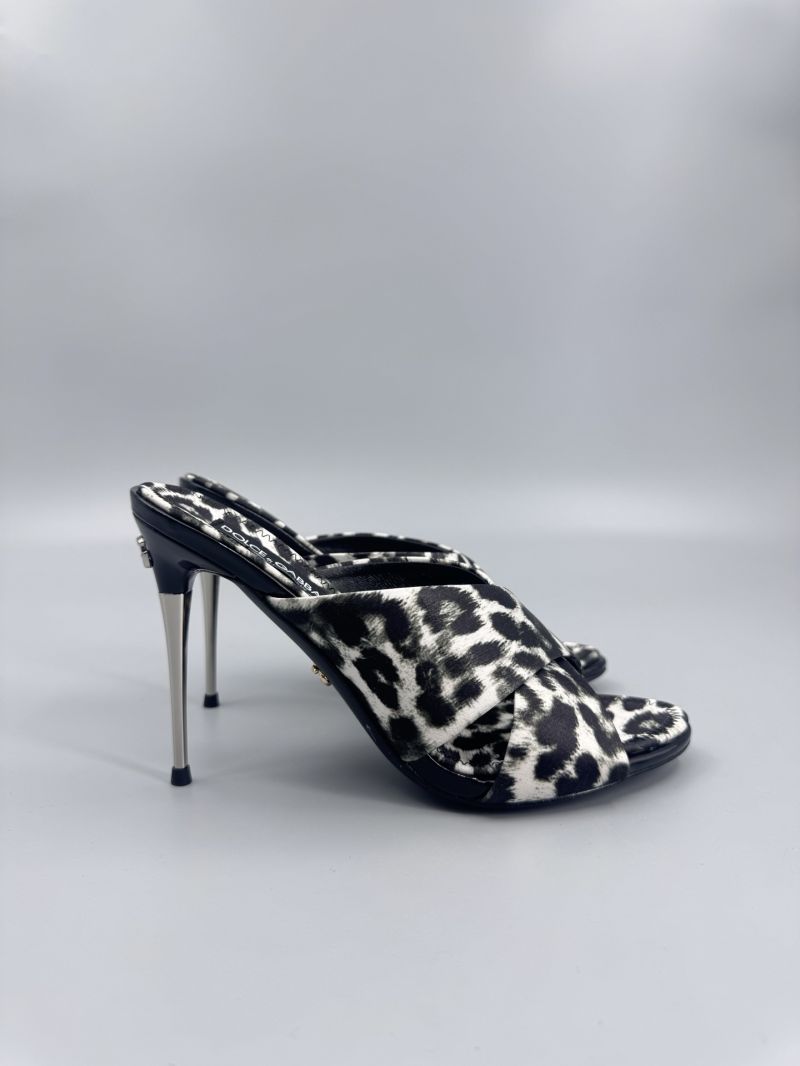 DOLCE & GABBANA LEOPARD-PRINT SATIN MULES 85-MM METAL HEEL CR1738A WHITE