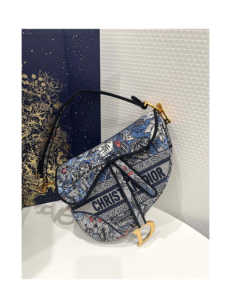 Dior Saddle Bag M0446 Denim Multicolor Dior Jardin Magique Embroidery