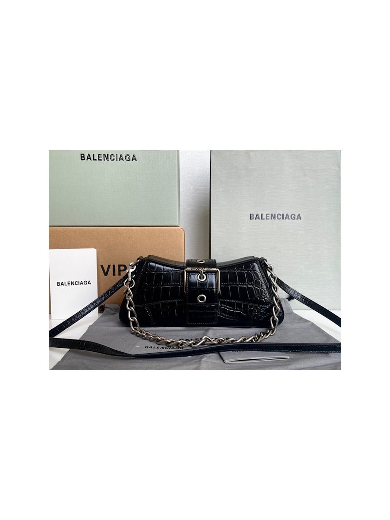 Balenciaga Lindsay Small Shoulder Bag With Strap in Crocodile Embossed 7011412 Black