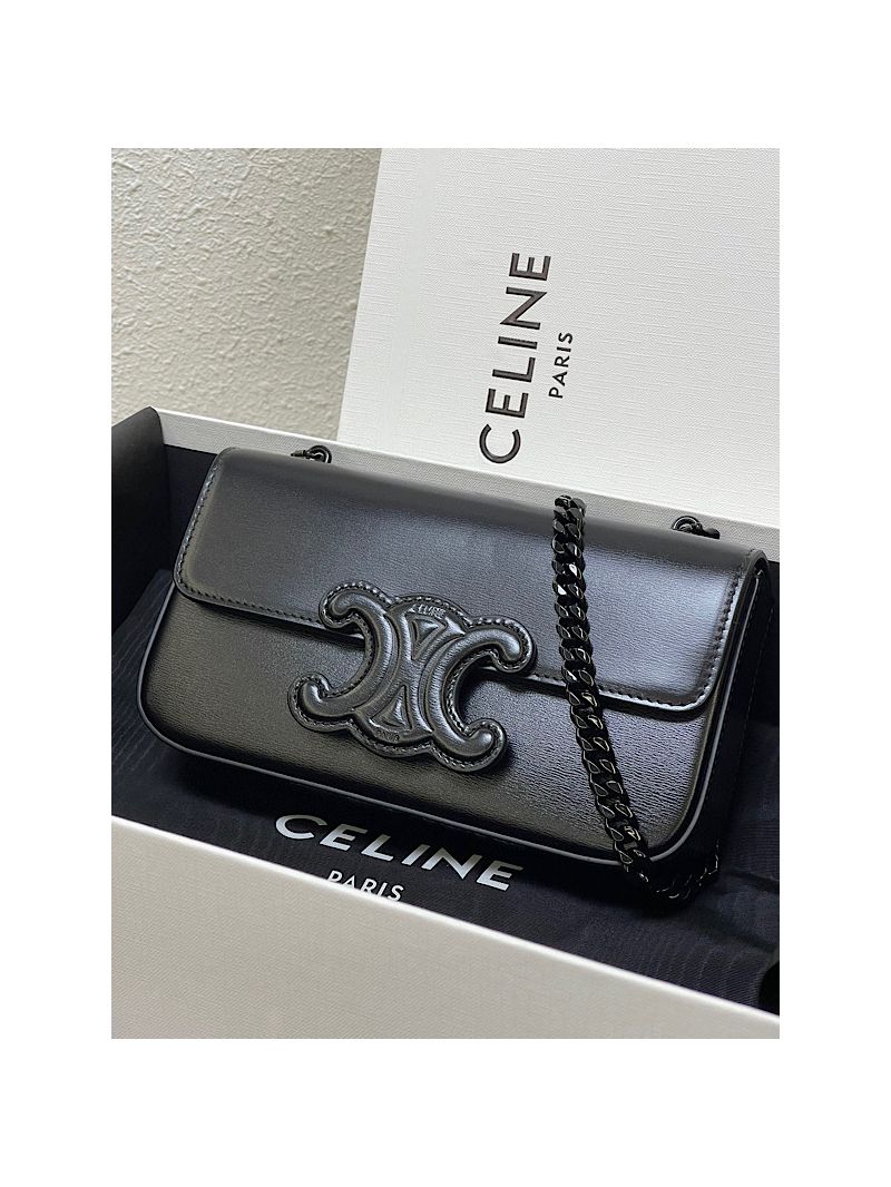 Celine Chain Shoulder Bag Cuir Triomphe In Shiny Calfskin 199243 Black with Black