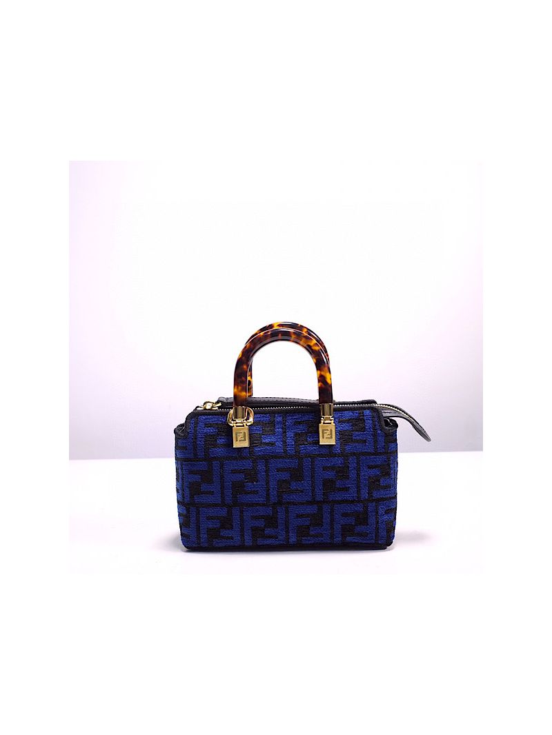 Fendi By The Way Mini Small Boston bag in blue tapestry fabric 8BS067
