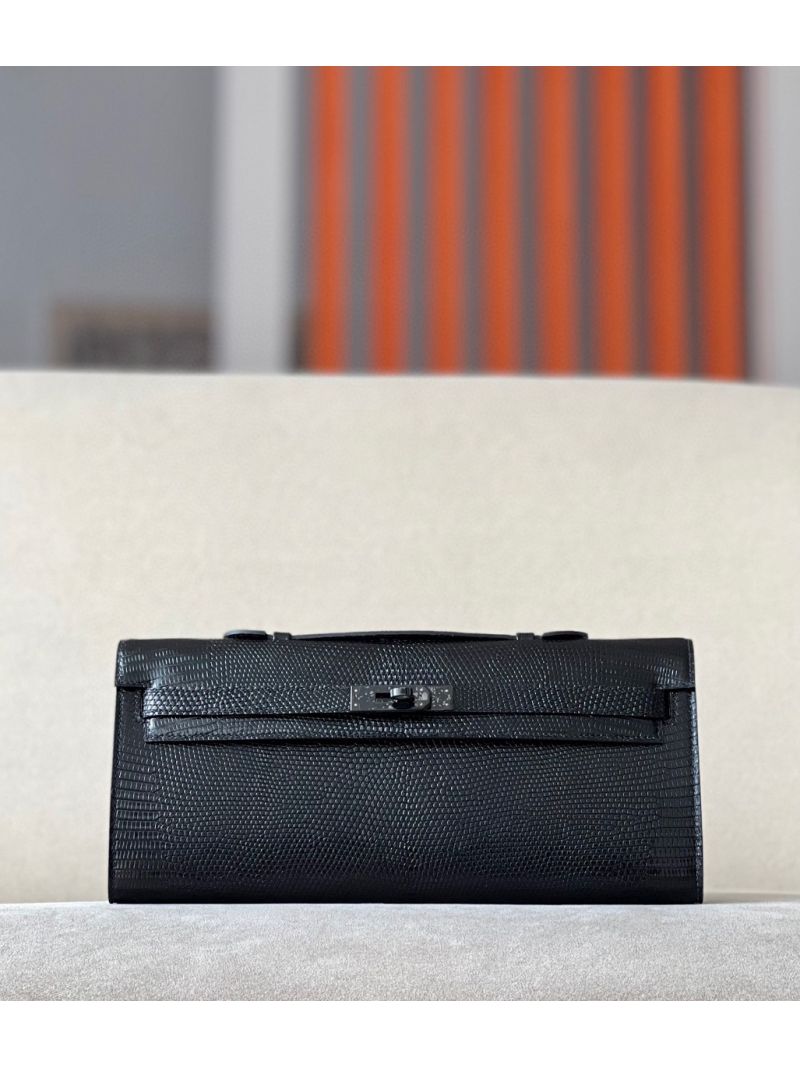 Hermes Lizard Kelly Cut Clutch Pochette  All Black