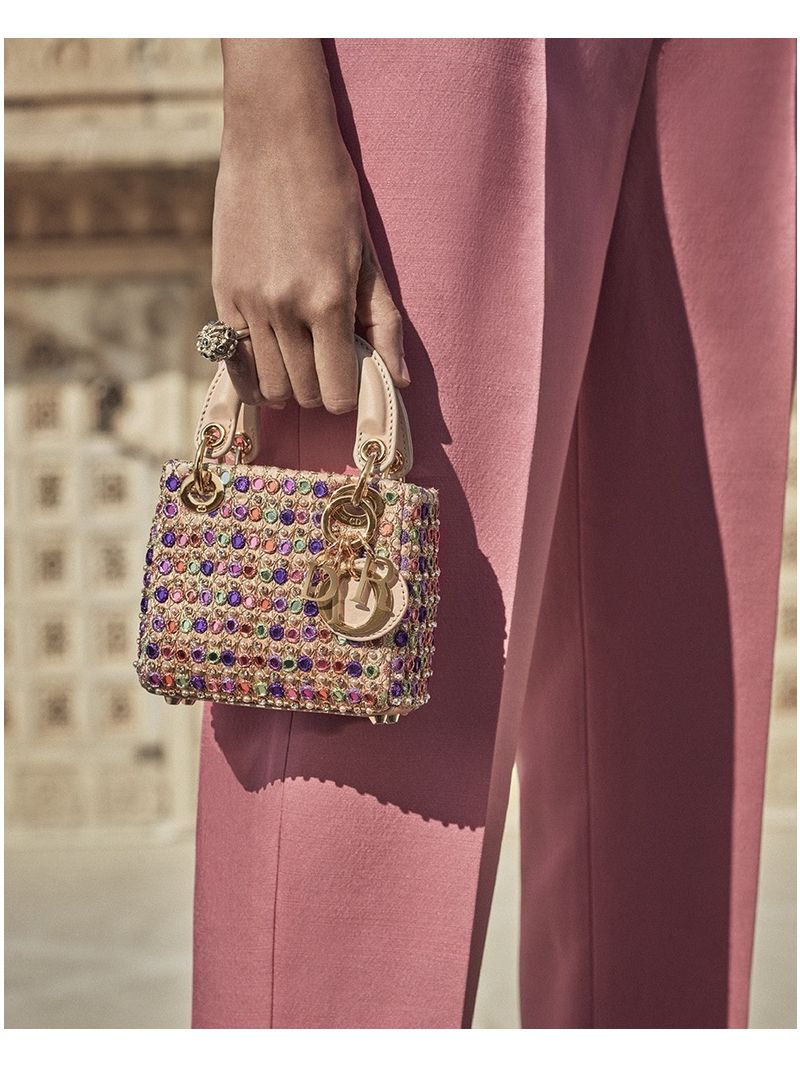 Dior Limited Edition Micro Lady Dior Bag Lambskin and Multicolor Satin Embroidered With Mirrors And Strass S0856 Pink