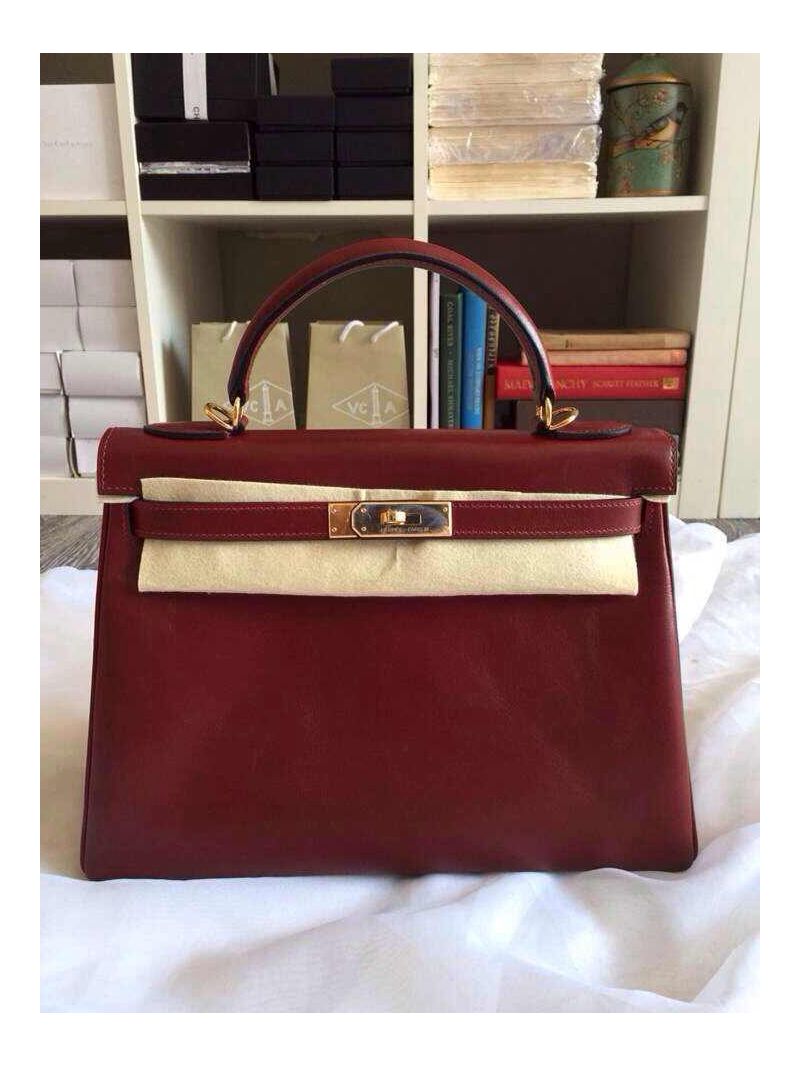 Hermes Purplish Red Box Leather Kelly Retourne bag 25 28 32