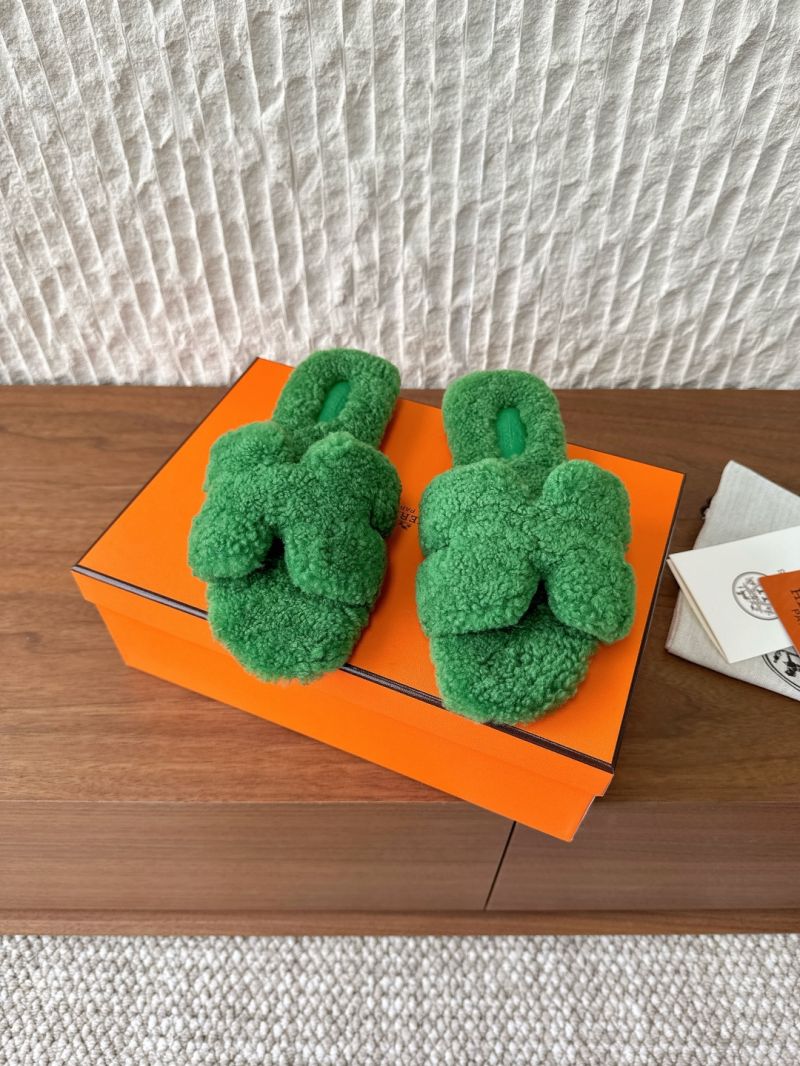 Hermes Oran Sandals in Shearling H212178Z Teddy Slides Grass Green
