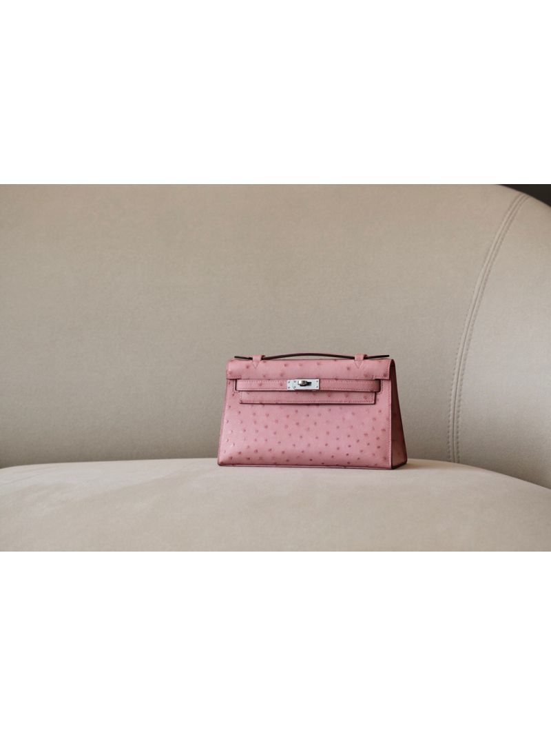 Hermes Kelly Pochette Clutch Bag in Ostrich Leather Sakura