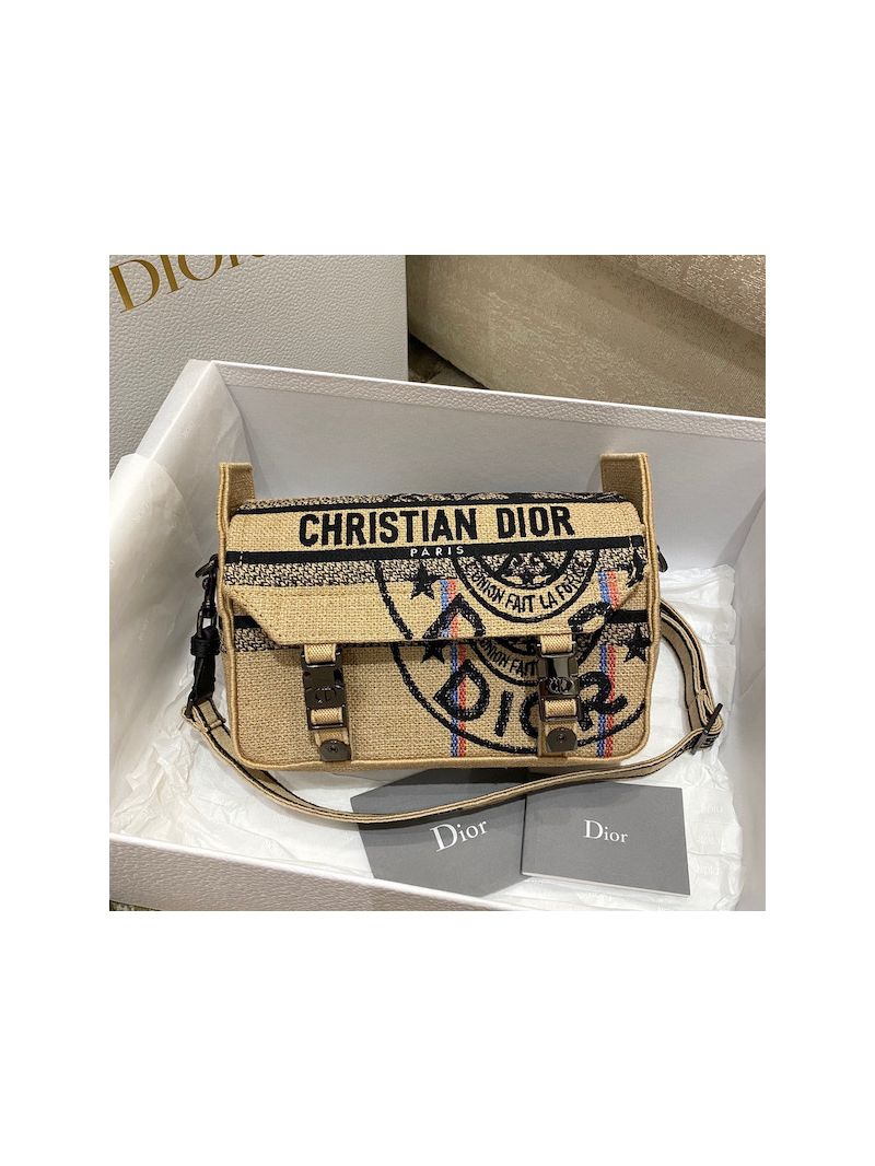Dior Small DiorCamp Bag Beige Jute Canvas Embroidered with Dior Union Motif M1241