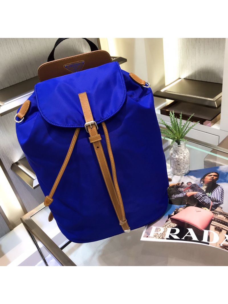 Prada Nylon and Saffiano leather backpack 1BZ064 Blue Caramel