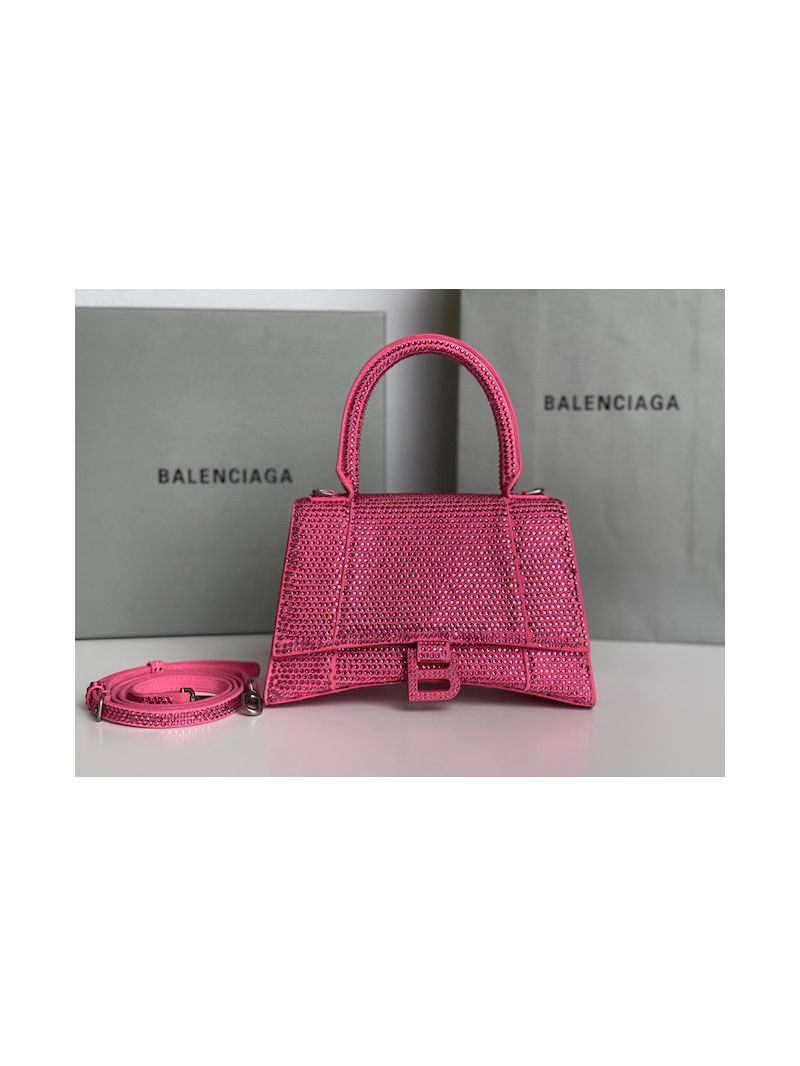 Balenciaga Hourglass Top Handle Bag in Pink Suede Calfskin with Rhinestones 592833