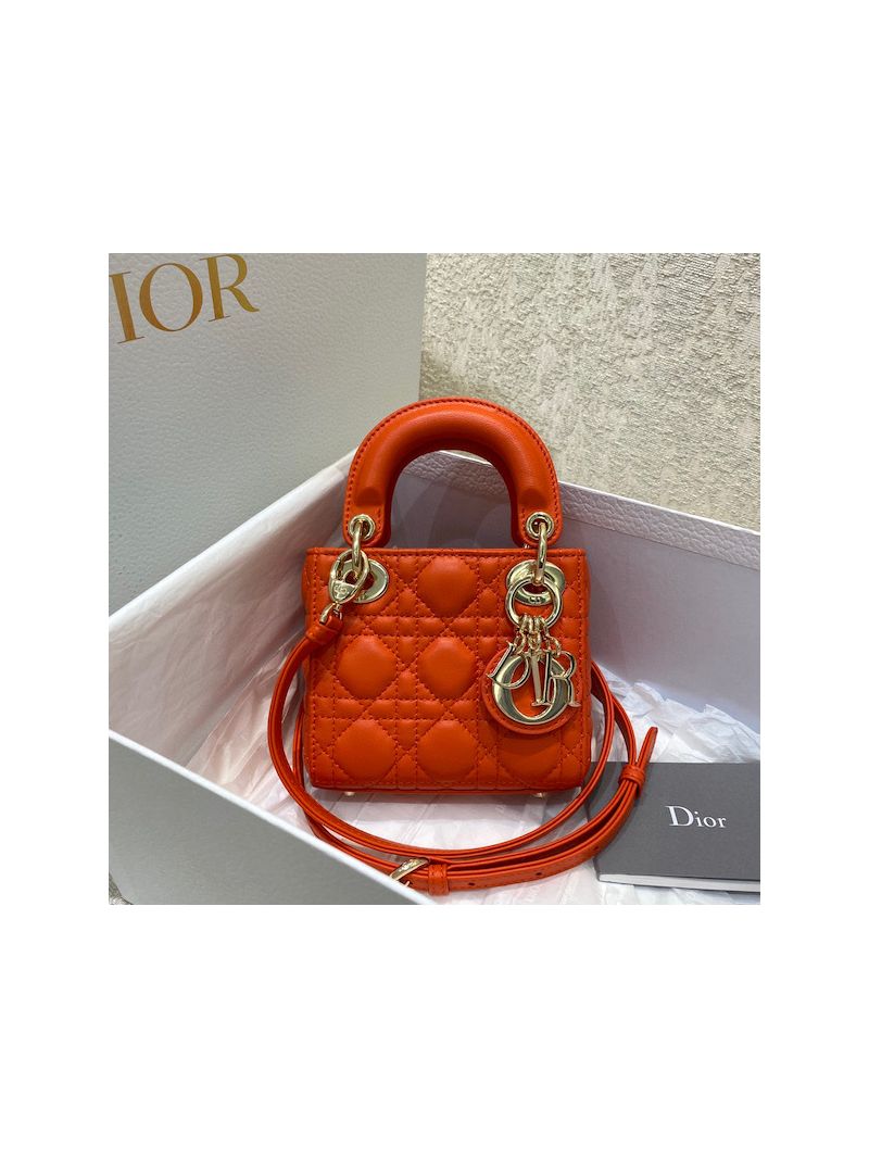 Micro Lady Dior Bag Bright Orange Cannage Lambskin S0856