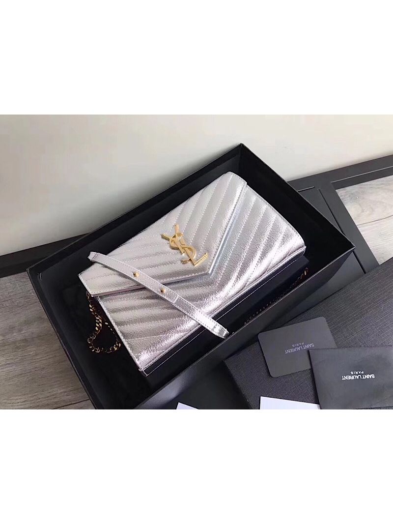 YSL Saint Laurent Monogram Chain Wallet Grained Matelasse Metallic Leather Silver
