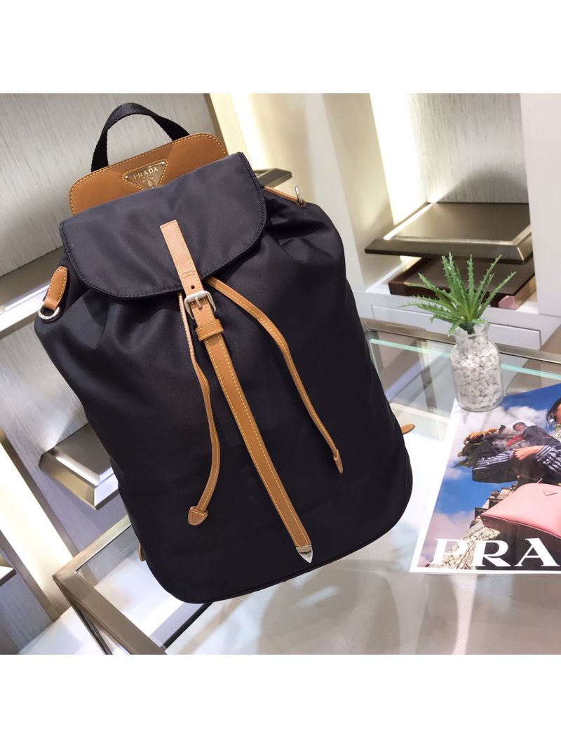 Prada Nylon and Saffiano leather backpack 1BZ064 Black Caramel
