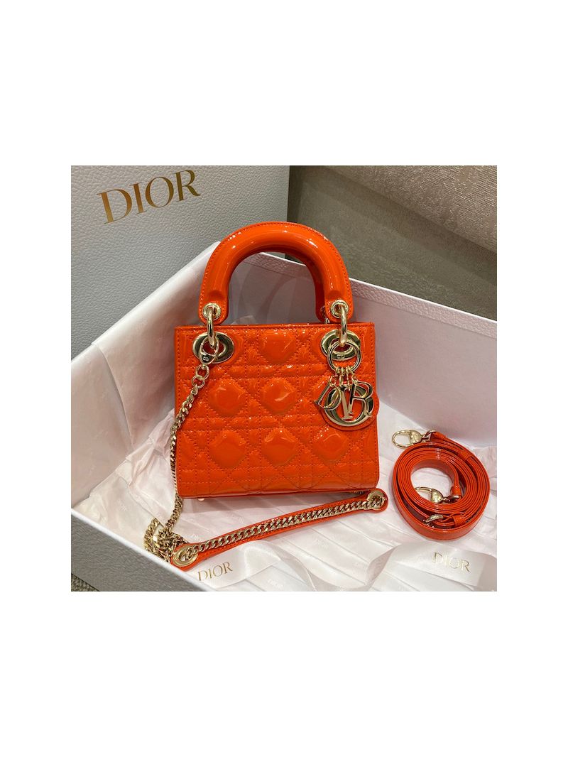 Dior Quilted Orange Patent Leather Mini Lady Dior Bag