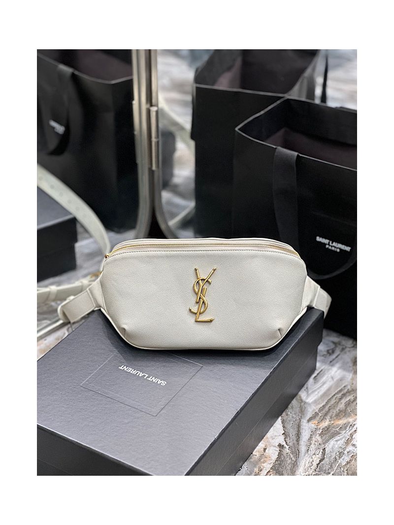 YSL Saint Laurent Cassandre Classic Belt Bag In Grain De Poudre Embossed Leather 589959 White