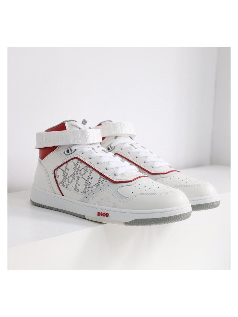 Dior B27 Mid-Top Sneaker Red and White Smooth Calfskin with White Oblique Galaxy Leather 3SH132ZI