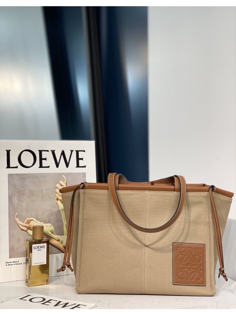 Loewe Cushion Leather-Trimmed Canvas Tote Bag 66025 Taupe