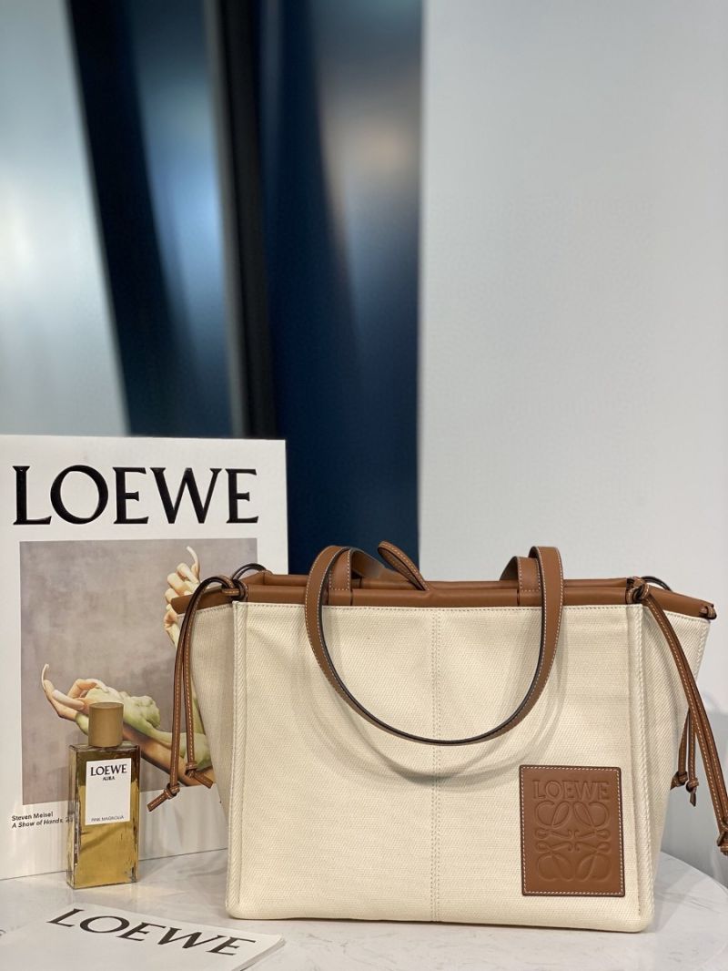 Loewe Cushion Leather-Trimmed Canvas Tote Bag 66025 Beige