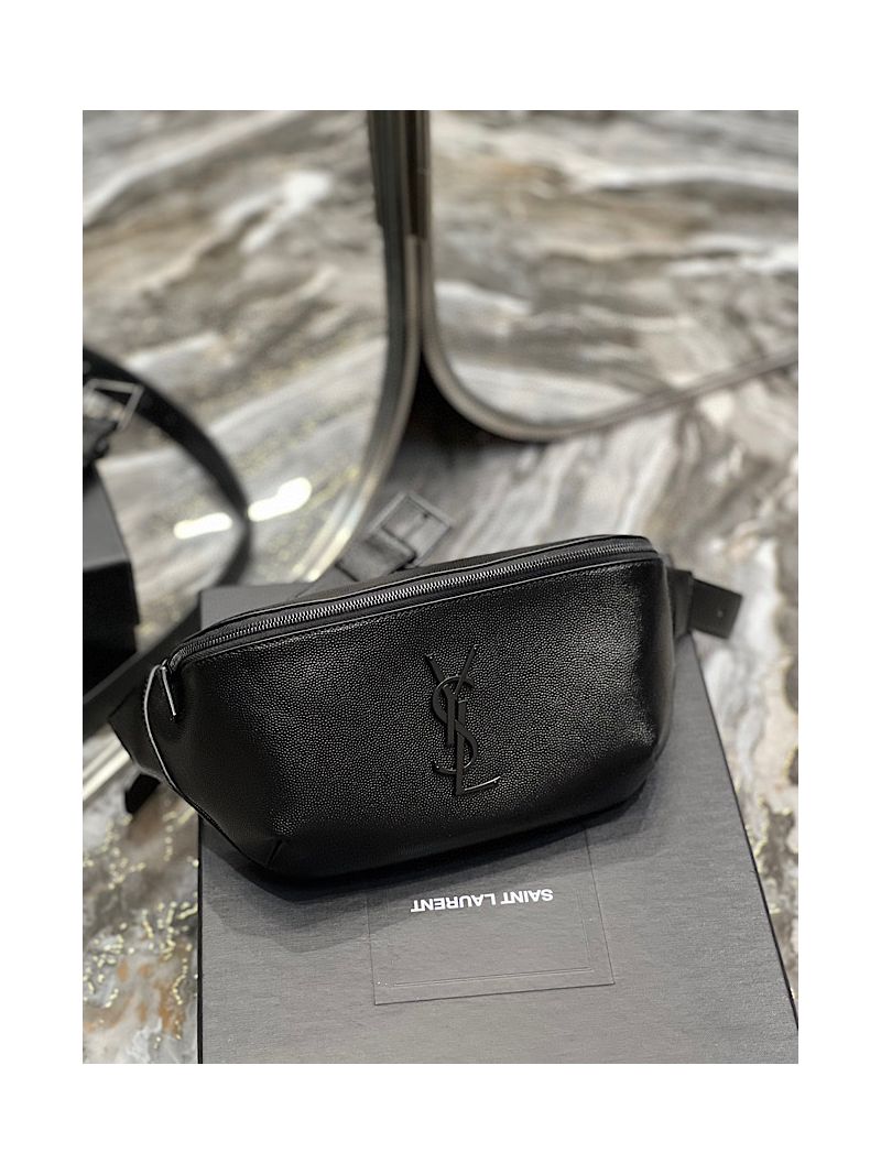 YSL Saint Laurent Cassandre Classic Belt Bag In Grain De Poudre Embossed Leather 589959 All Black