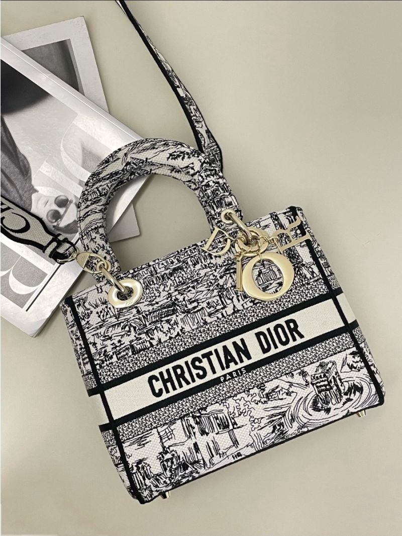 Dior Medium Lady D-Lite Bag White and Black Paris Allover Embroidery M0565