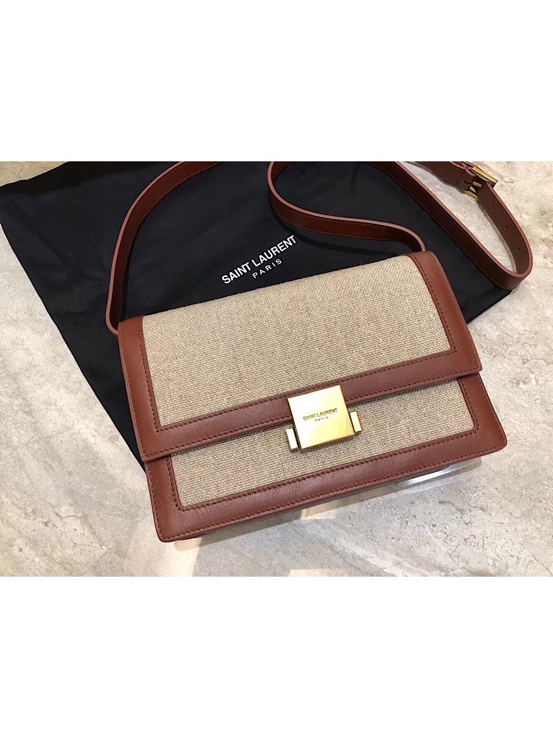YSL Saint Laurent Medium Bellechasse Satchel In Beige Linen Canvas And Cognac Leather