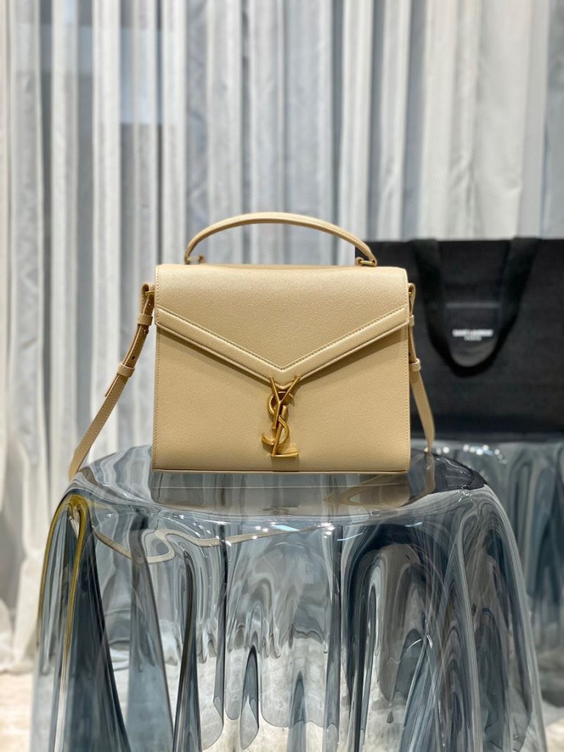 YSL Saint Laurent Cassandra Top Handle Medium Bag In Grain De Poudre Leather Light Beige