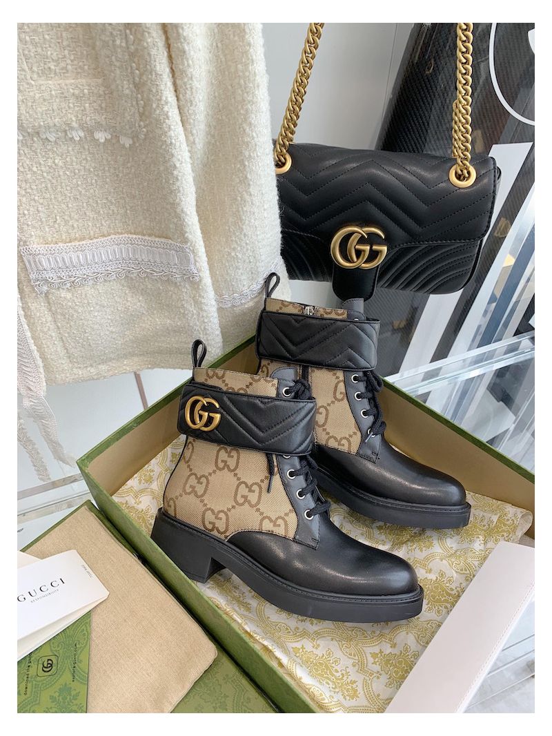 Gucci Women's Ankle Boot With Double G 678984 Beige Black