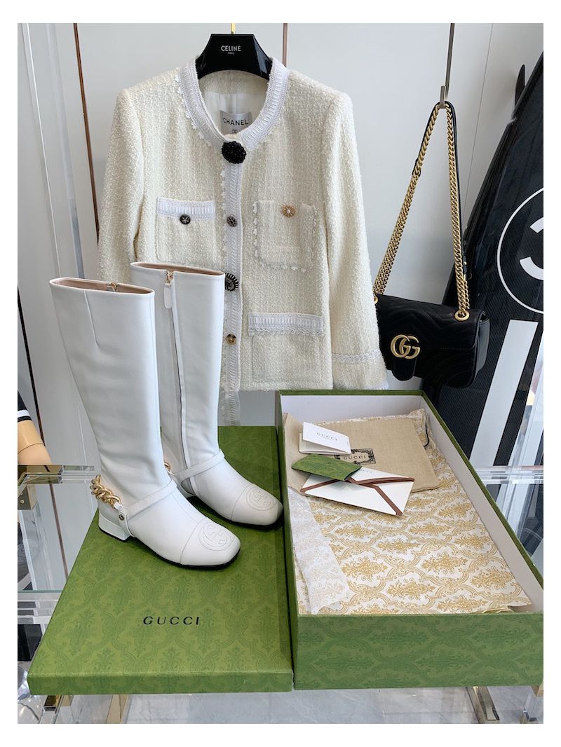 Gucci Chain Soho Knee High Boot With Double G 360565 White
