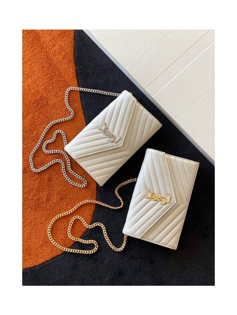 YSL Saint Laurent Monogram Chain Wallet Grain De Poudre White in Silver Hardware