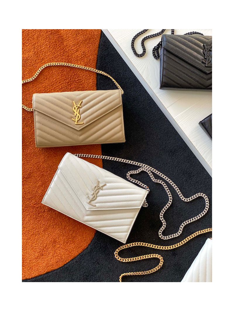 YSL Saint Laurent Monogram Chain Wallet Grain De Poudre Textured Matelasse Leather Beige