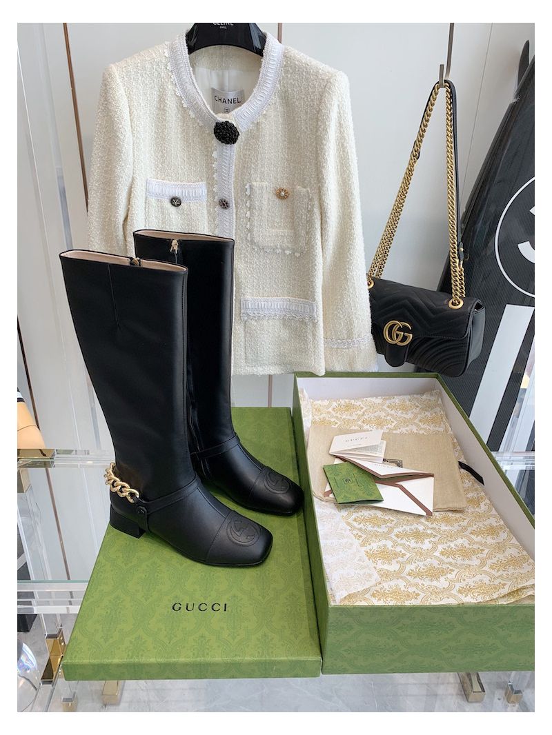 Gucci Chain Soho Knee High Boot With Double G 360565 Black