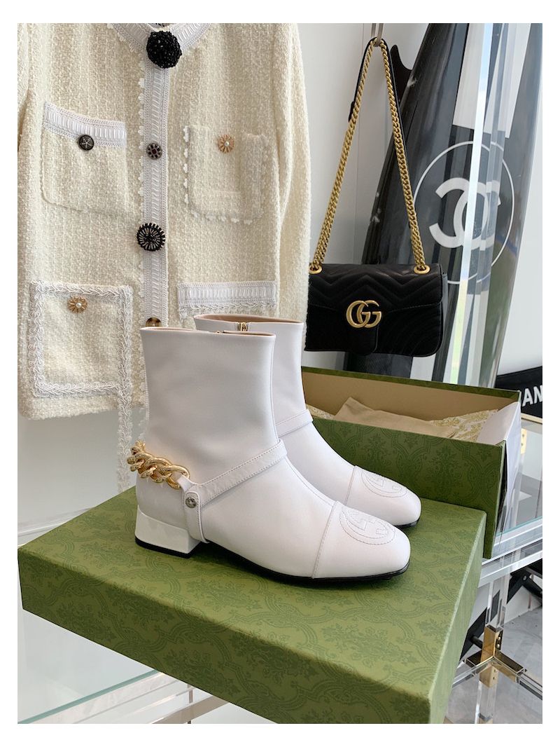Gucci Chain Soho Ankle Boot With Double G 360565 White