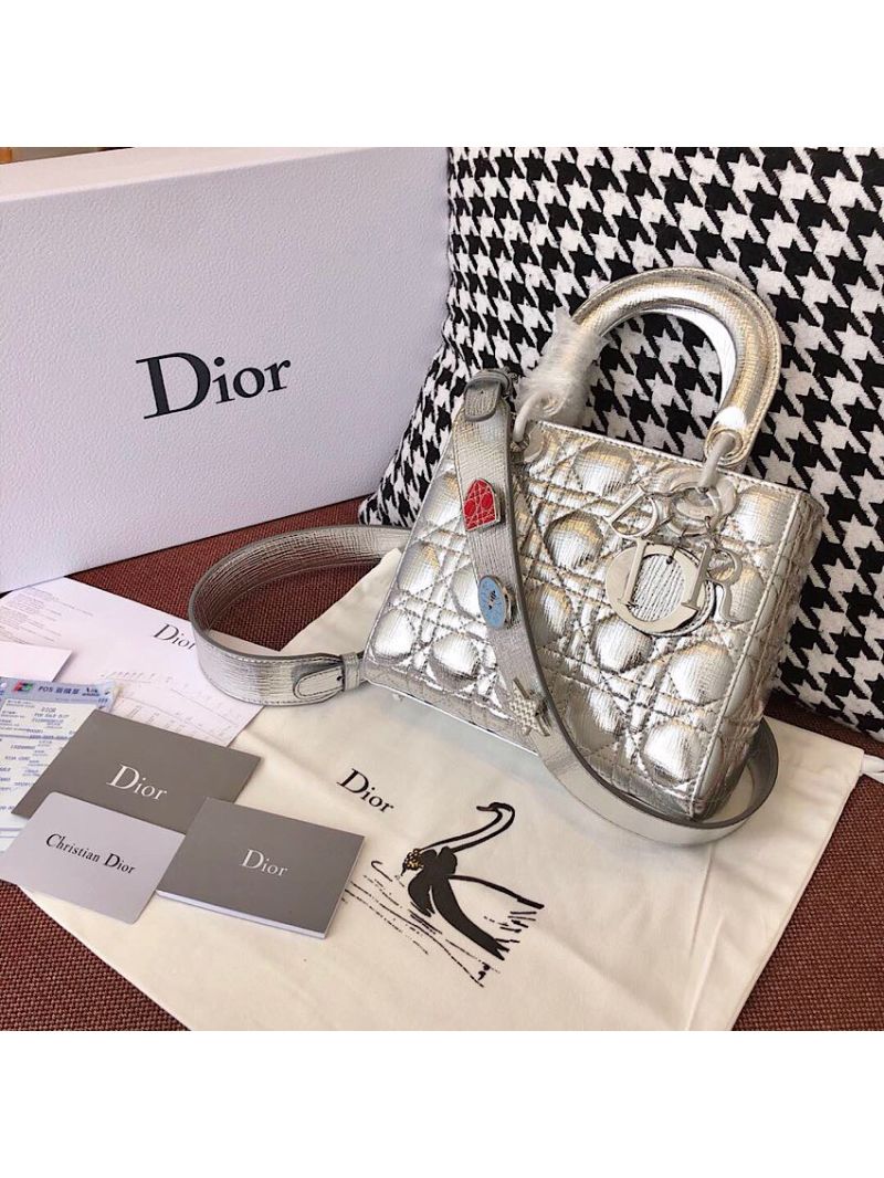 My Lady Dior Bag in Silver Grained Leather with Customisable Shoulder Strap