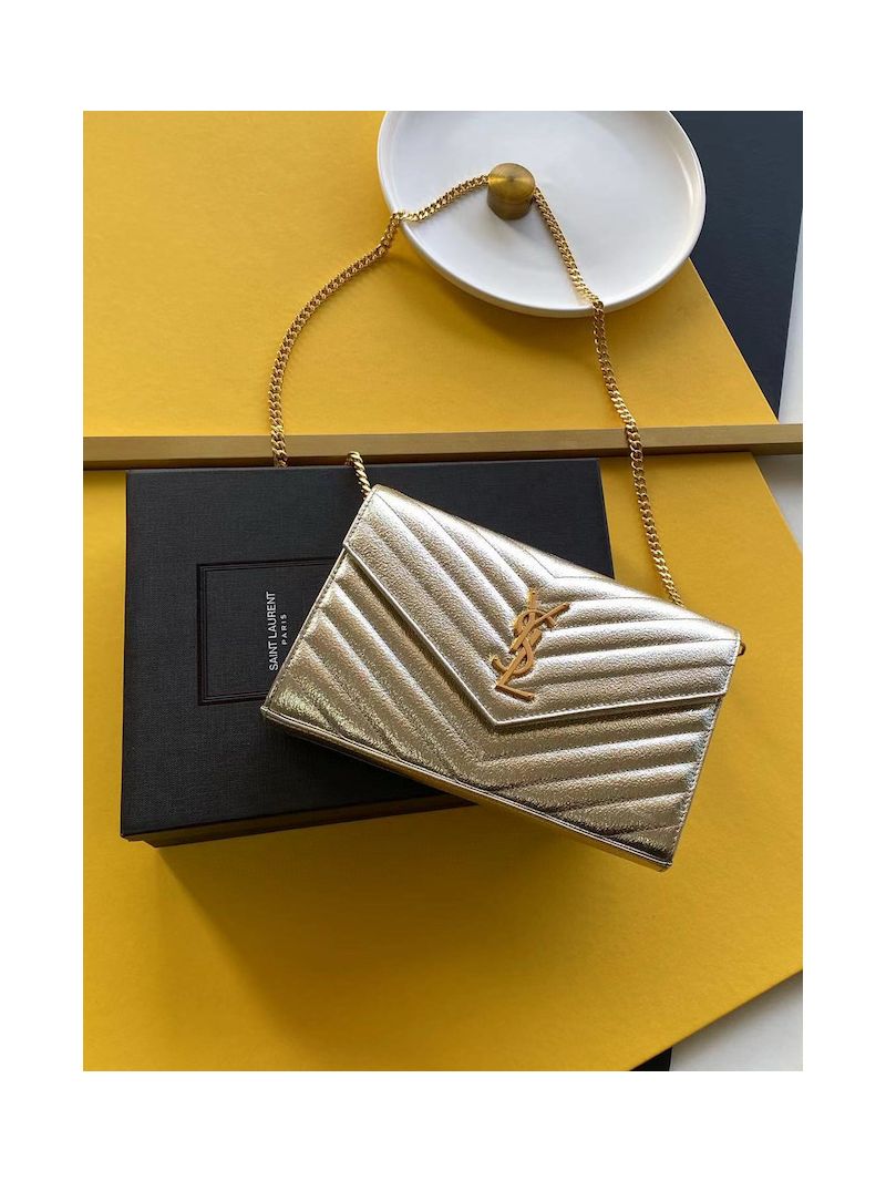 YSL Saint Laurent Monogram Chain Wallet Grained Matelasse etallic Leather Pale Gold