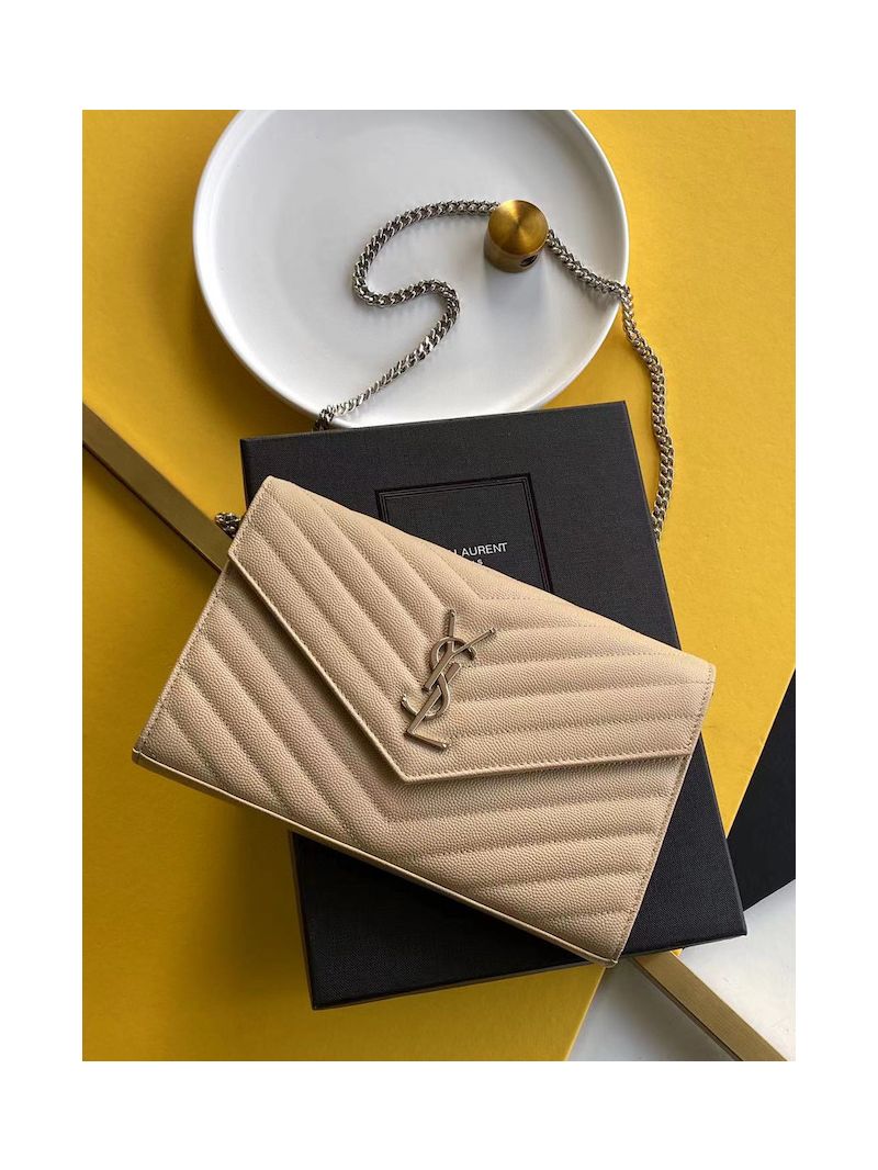 YSL Saint Laurent Monogram Silver Chain Wallet Beige 