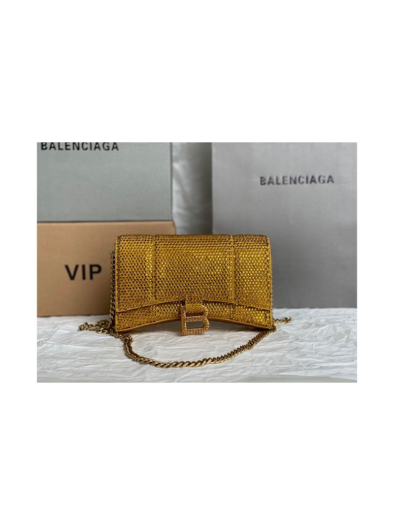 Balenciaga Hourglass Wallet On Chain With Rhinestones In Gold 656050 
