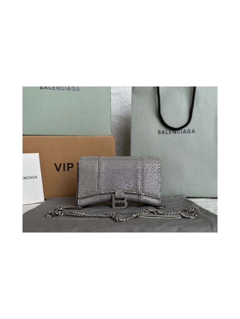 Balenciaga Hourglass Wallet On Chain With Rhinestones In Grey 656050 