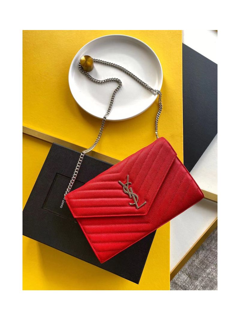 YSL Saint Laurent Monogram Silver Chain Wallet Red