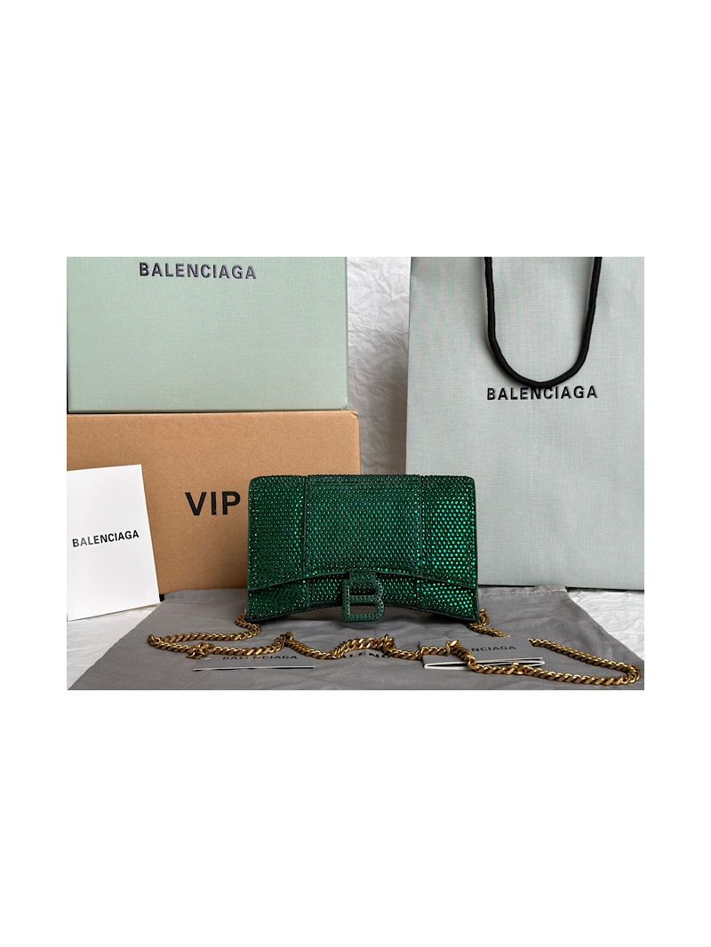 Balenciaga Hourglass Wallet On Chain With Rhinestones In Green 656050 